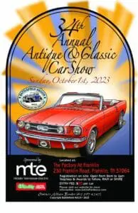 Battlefield Regional Automotive Poster showing the details for the event, a classic red Mustang, and the Battlefield Region AACA logo.