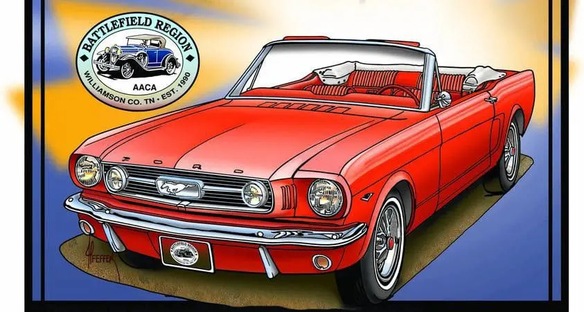 Battlefield Regional Automotive Poster in banner dimensions with a classic red mustang and the Battlefield Region AACA logo.